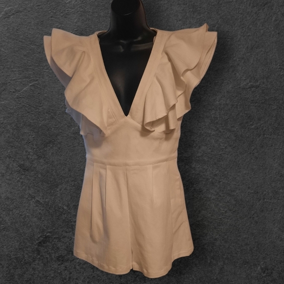 Ruffled V-Neck White Denim Romper - Picture 2 of 14